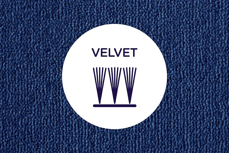 Cross section of cut yarns in a velvet carpet on a neutral carpet background
